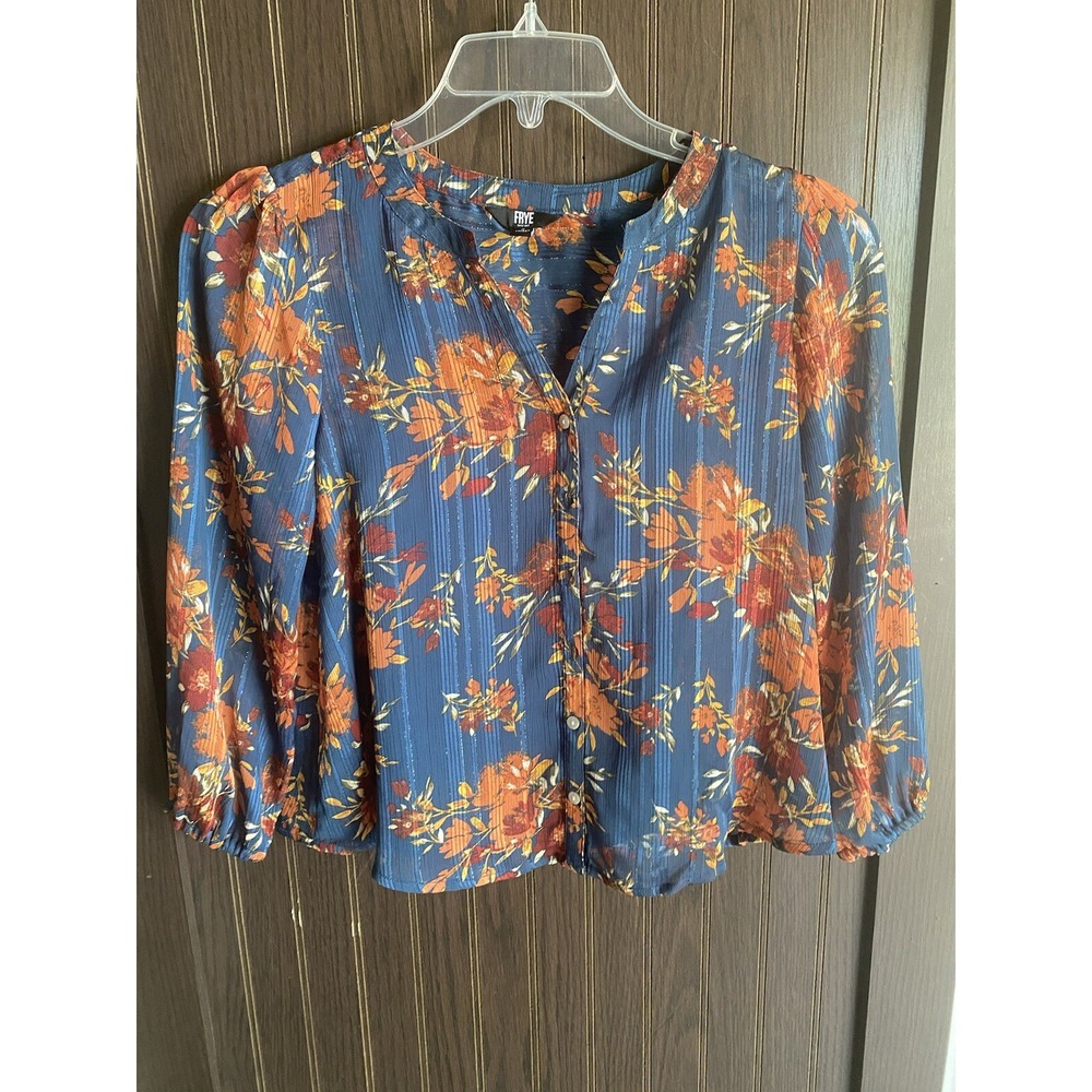 Frye Floral Stripe Blue Metallic Blouse with Tank Small Peasant Top